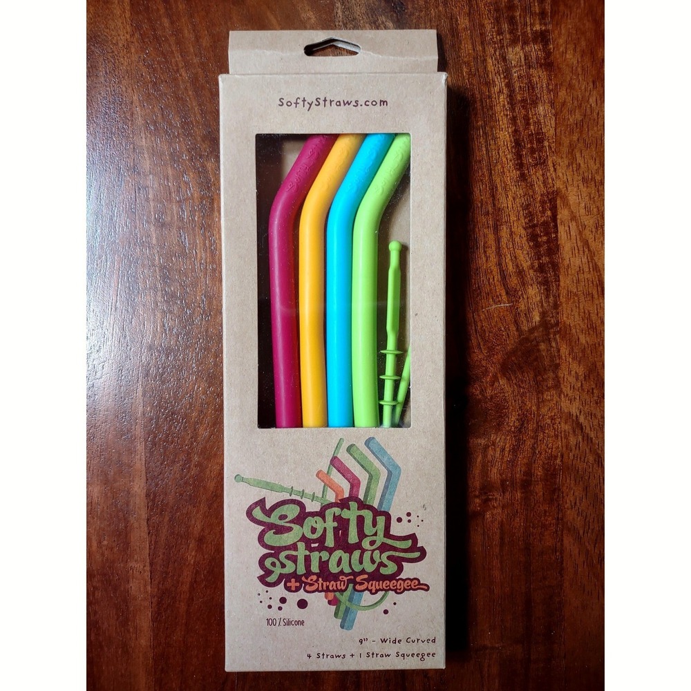 Softy Straws Silicone Reusable Straws Set 9 Inch Multicolor NEW Wide Curved 5pc